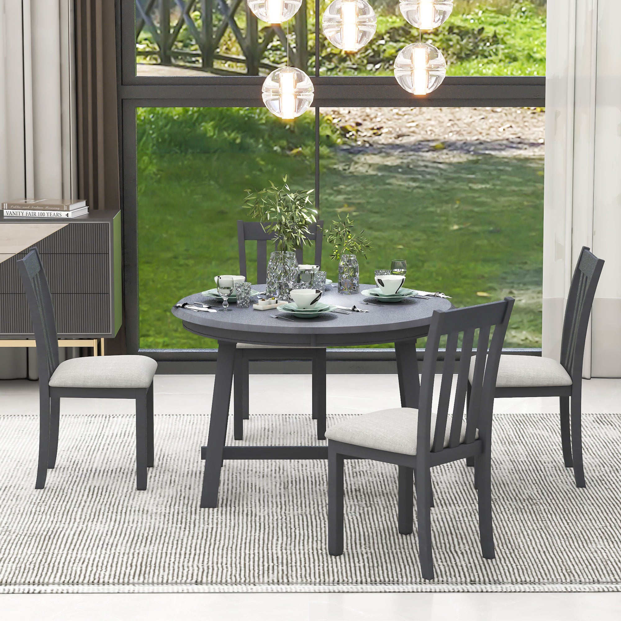 TREXM 5-Piece Extendable Round Wood Dining Table Set with 4 Chairs, Gray Modern Farmhouse Kitchen & Dining Room Furniture for 4, MDF & Rubber Wood, 41.4"-56.6"L