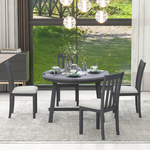 TREXM 5-Piece Extendable Round Wood Dining Table Set with 4 Chairs, Gray Modern Farmhouse Kitchen & Dining Room Furniture for 4, MDF & Rubber Wood, 41.4"-56.6"L