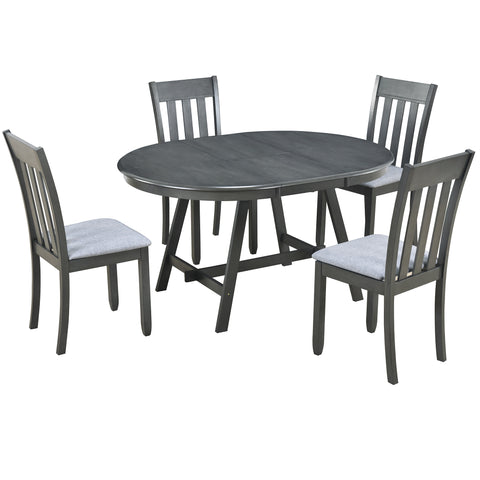 TREXM 5-Piece Extendable Round Wood Dining Table Set with 4 Chairs, Gray Modern Farmhouse Kitchen & Dining Room Furniture for 4, MDF & Rubber Wood, 41.4"-56.6"L