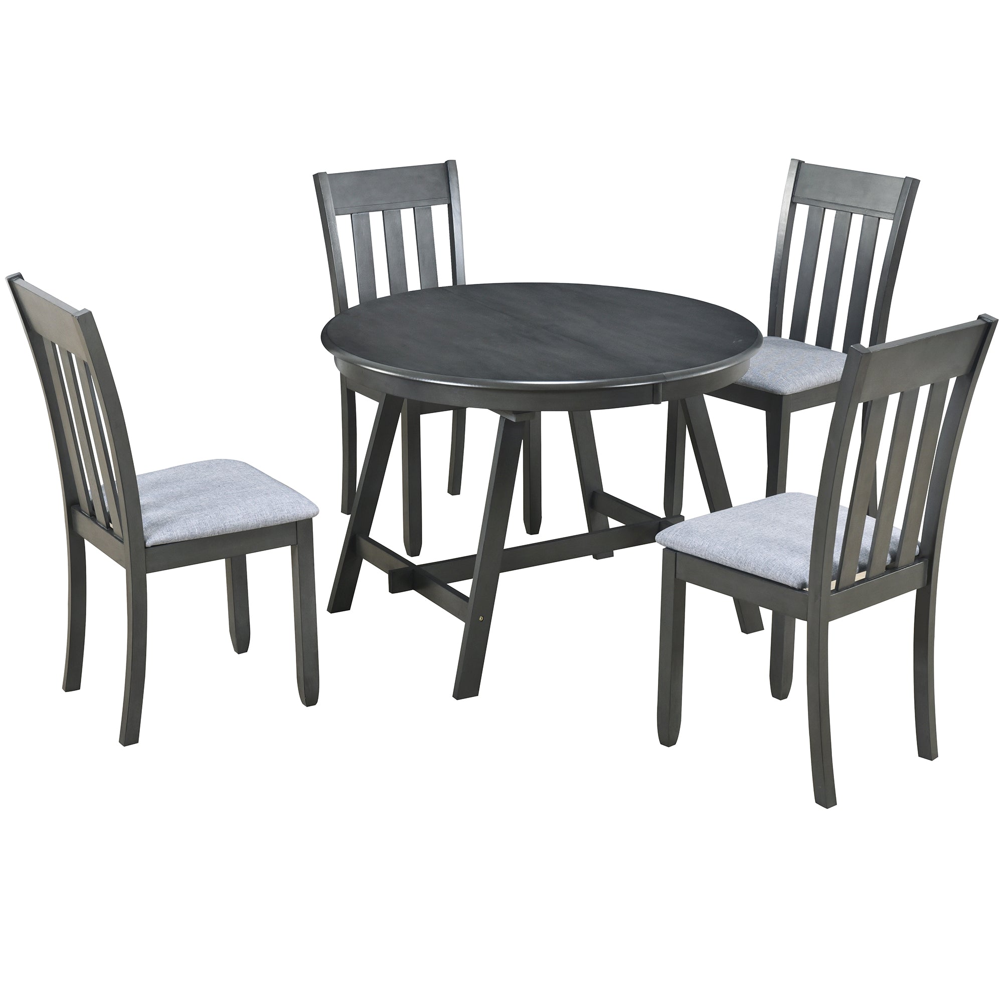 TREXM 5-Piece Extendable Round Wood Dining Table Set with 4 Chairs, Gray Modern Farmhouse Kitchen & Dining Room Furniture for 4, MDF & Rubber Wood, 41.4"-56.6"L