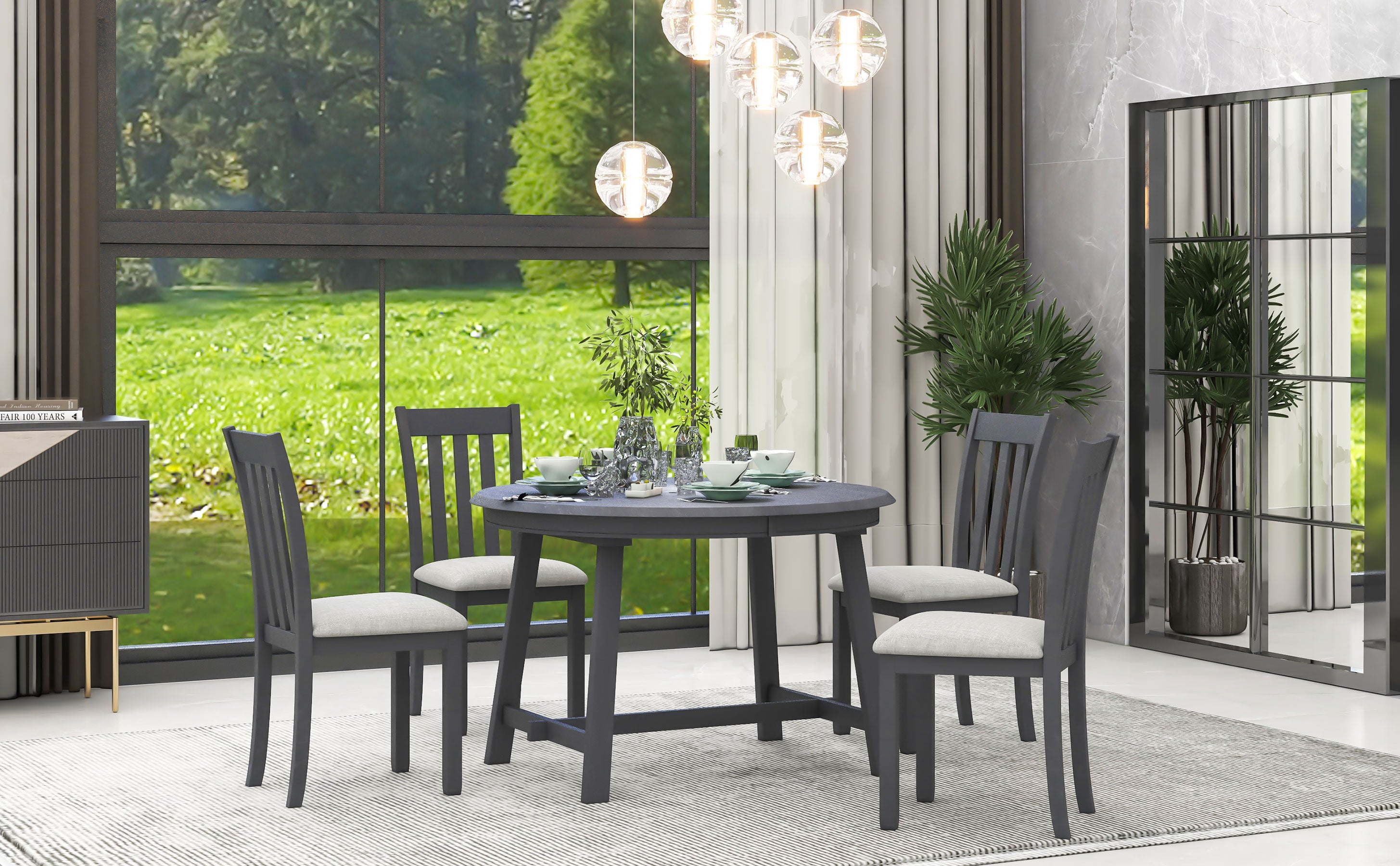 TREXM 5-Piece Extendable Round Wood Dining Table Set with 4 Chairs, Gray Modern Farmhouse Kitchen & Dining Room Furniture for 4, MDF & Rubber Wood, 41.4"-56.6"L