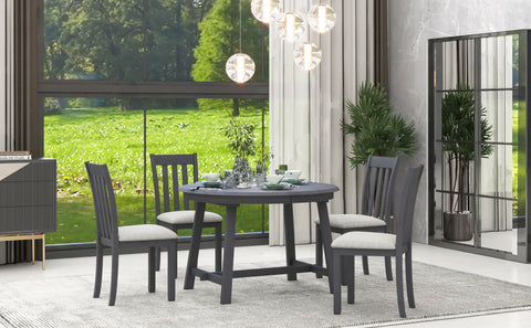 TREXM 5-Piece Extendable Round Wood Dining Table Set with 4 Chairs, Gray Modern Farmhouse Kitchen & Dining Room Furniture for 4, MDF & Rubber Wood, 41.4"-56.6"L