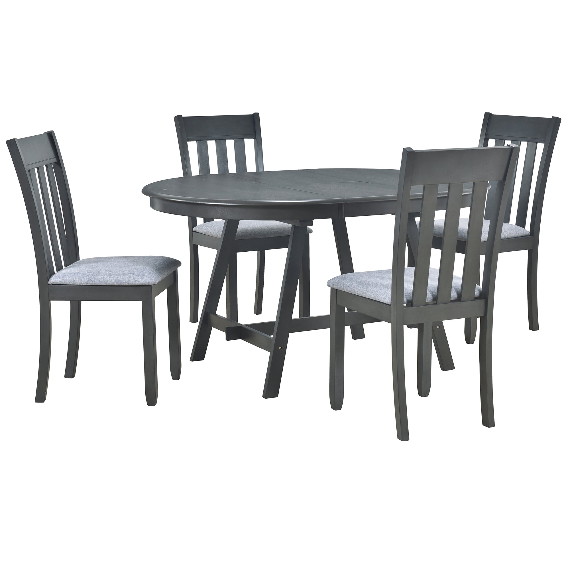TREXM 5-Piece Extendable Round Wood Dining Table Set with 4 Chairs, Gray Modern Farmhouse Kitchen & Dining Room Furniture for 4, MDF & Rubber Wood, 41.4"-56.6"L