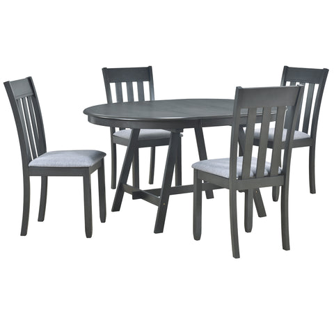 TREXM 5-Piece Extendable Round Wood Dining Table Set with 4 Chairs, Gray Modern Farmhouse Kitchen & Dining Room Furniture for 4, MDF & Rubber Wood, 41.4"-56.6"L