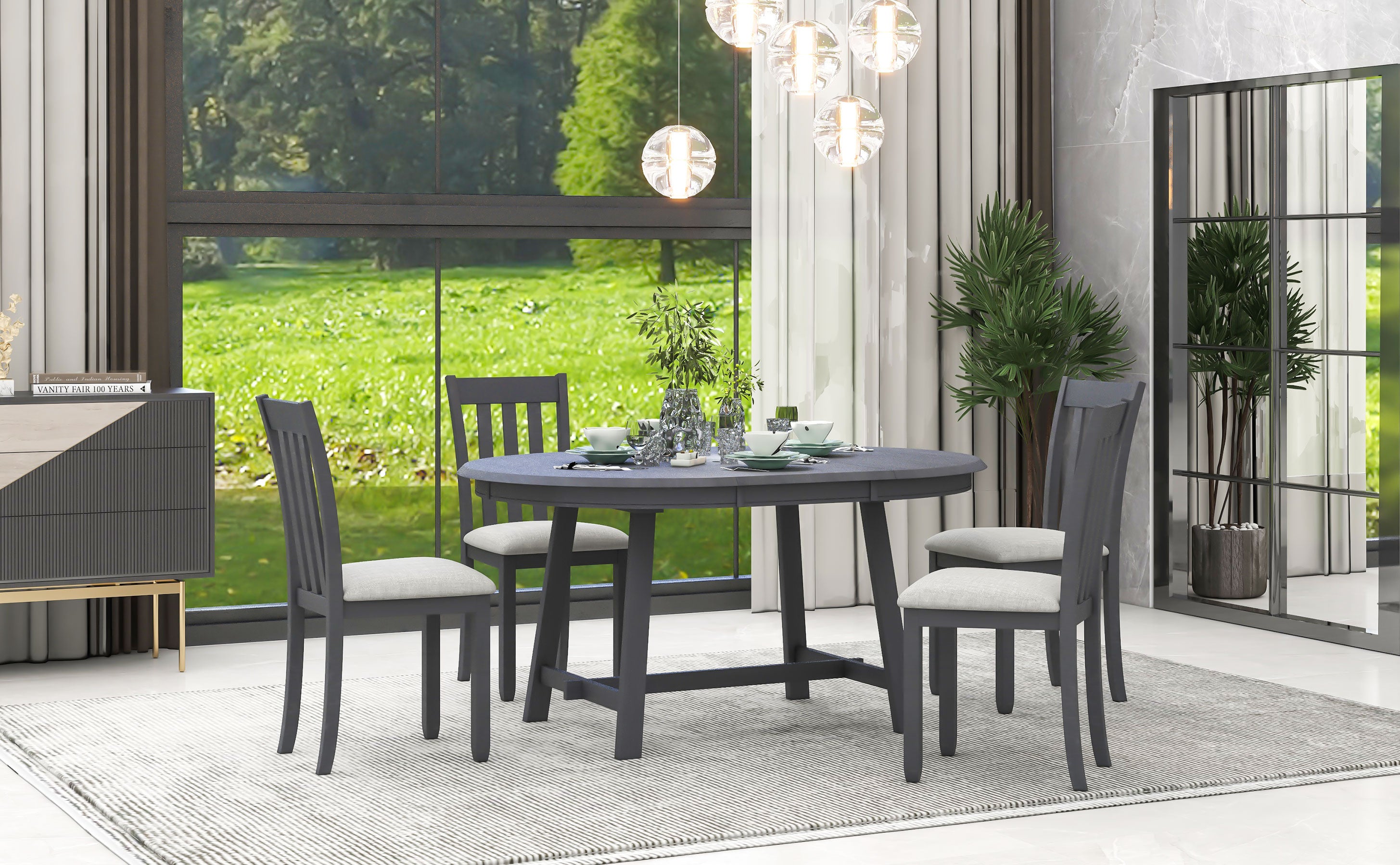 TREXM 5-Piece Extendable Round Wood Dining Table Set with 4 Chairs, Gray Modern Farmhouse Kitchen & Dining Room Furniture for 4, MDF & Rubber Wood, 41.4"-56.6"L