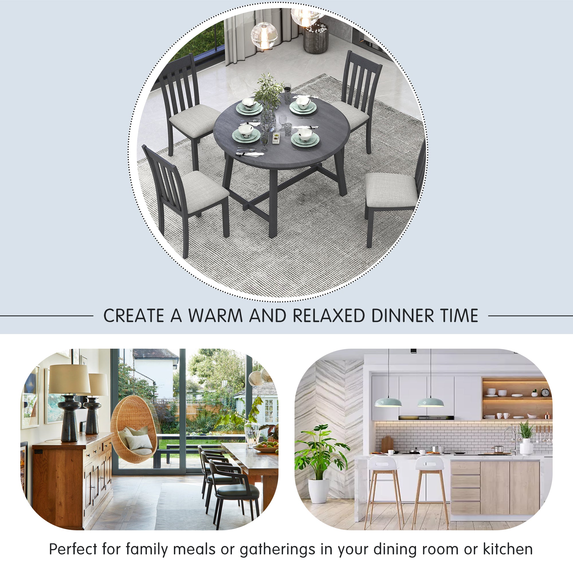 TREXM 5-Piece Extendable Round Wood Dining Table Set with 4 Chairs, Gray Modern Farmhouse Kitchen & Dining Room Furniture for 4, MDF & Rubber Wood, 41.4"-56.6"L