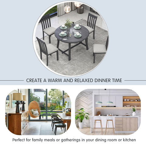 TREXM 5-Piece Extendable Round Wood Dining Table Set with 4 Chairs, Gray Modern Farmhouse Kitchen & Dining Room Furniture for 4, MDF & Rubber Wood, 41.4"-56.6"L