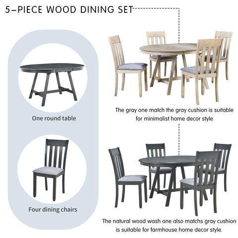 TREXM 5-Piece Extendable Round Wood Dining Table Set with 4 Chairs, Gray Modern Farmhouse Kitchen & Dining Room Furniture for 4, MDF & Rubber Wood, 41.4"-56.6"L