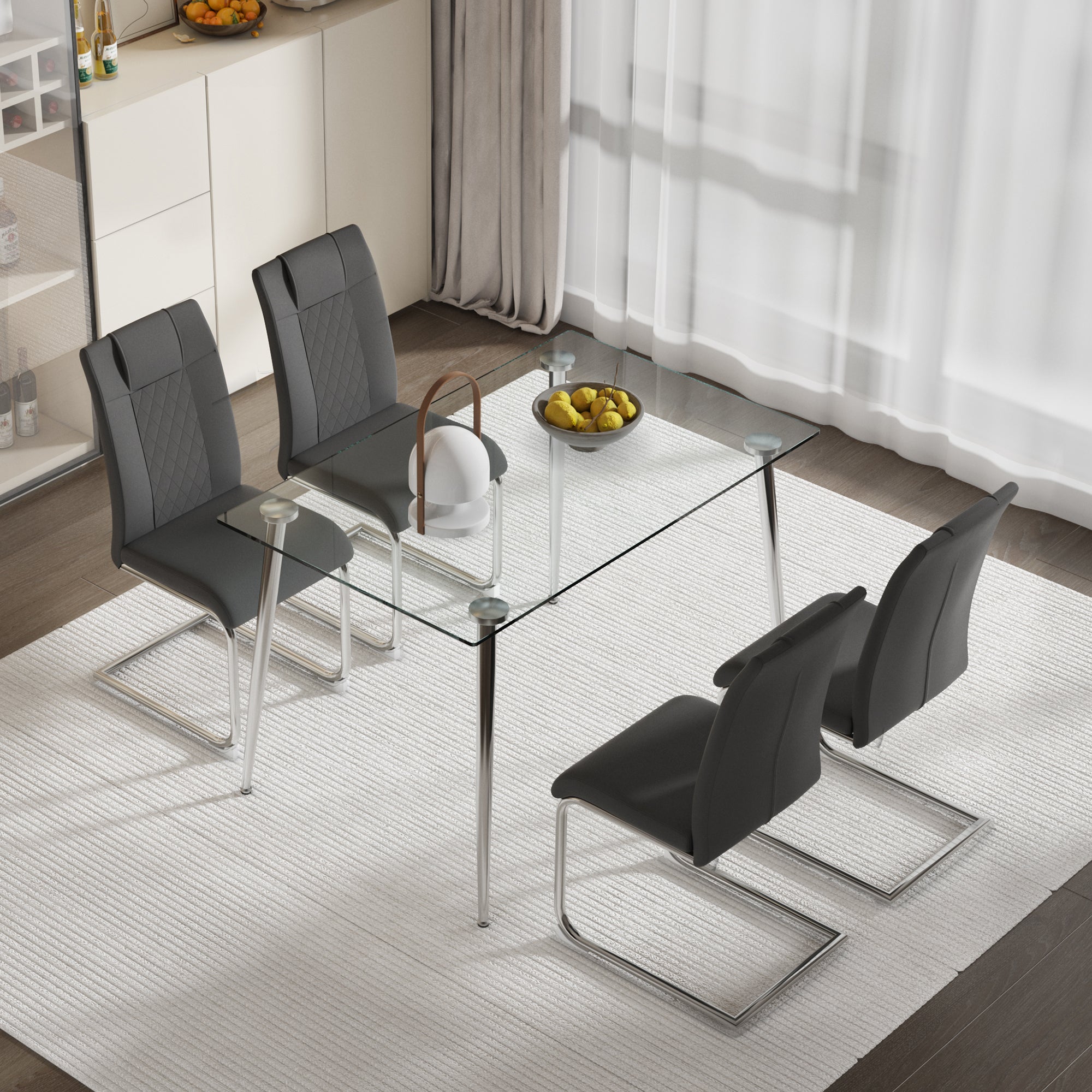 Modern 51" Glass Dining Table Set with 4 Grey PU Upholstered Chairs - Comfortable Sponge Filling, Stable Metal Legs, Easy Assembly for Dining Room & Kitchen