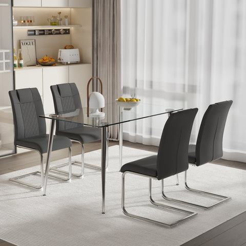 Modern 51" Glass Dining Table Set with 4 Grey PU Upholstered Chairs - Comfortable Sponge Filling, Stable Metal Legs, Easy Assembly for Dining Room & Kitchen