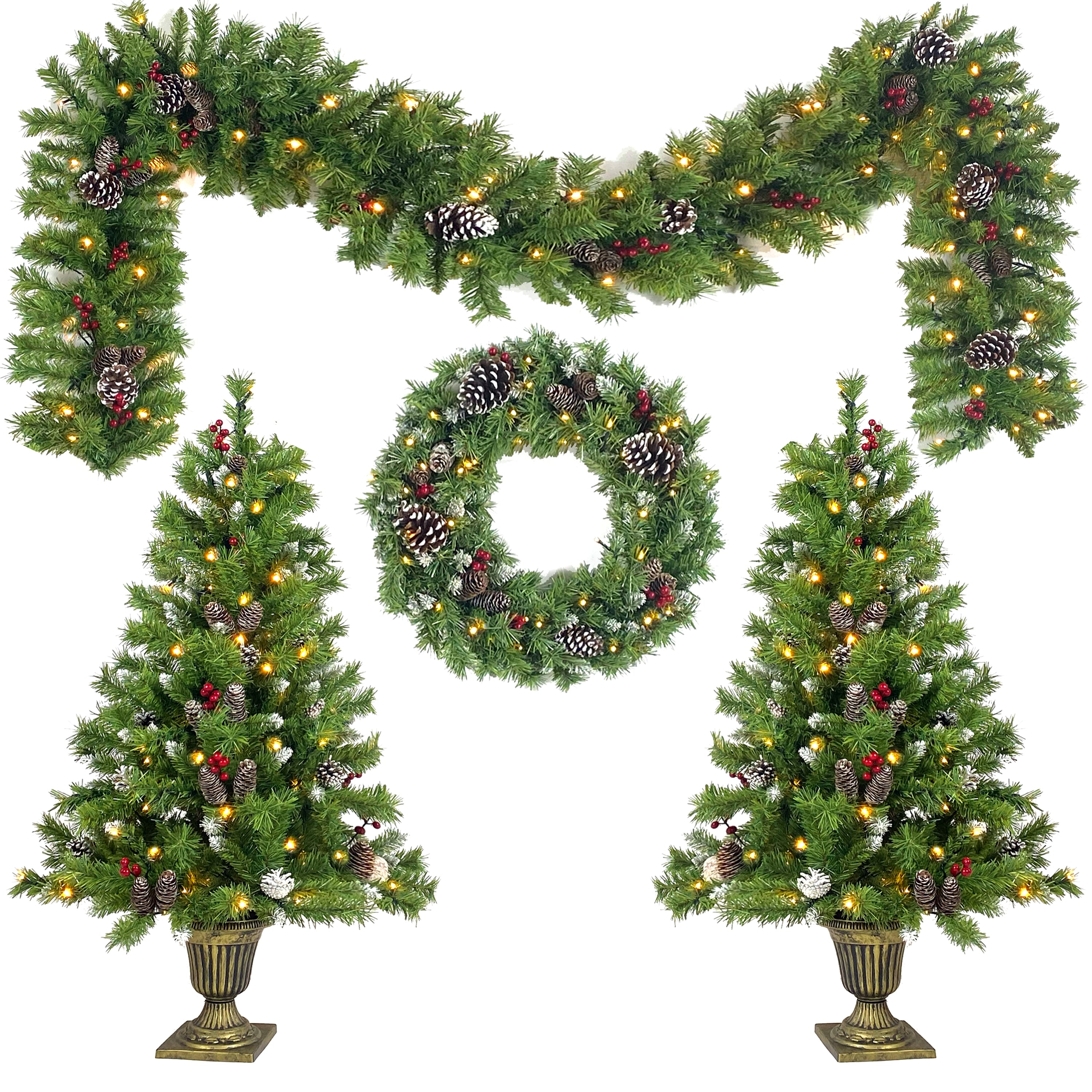 Pre-lit 4-Piece Artificial Christmas Tree Set with Garland &amp; Wreath, 9ft Tree, 340 Warm White LED Lights, Realistic PVC Branches for Indoor Home &amp; Office Holiday Decor