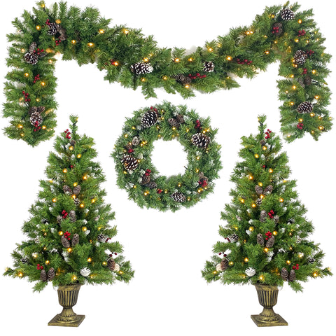 Pre-lit 4-Piece Artificial Christmas Tree Set with Garland &amp; Wreath, 9ft Tree, 340 Warm White LED Lights, Realistic PVC Branches for Indoor Home &amp; Office Holiday Decor