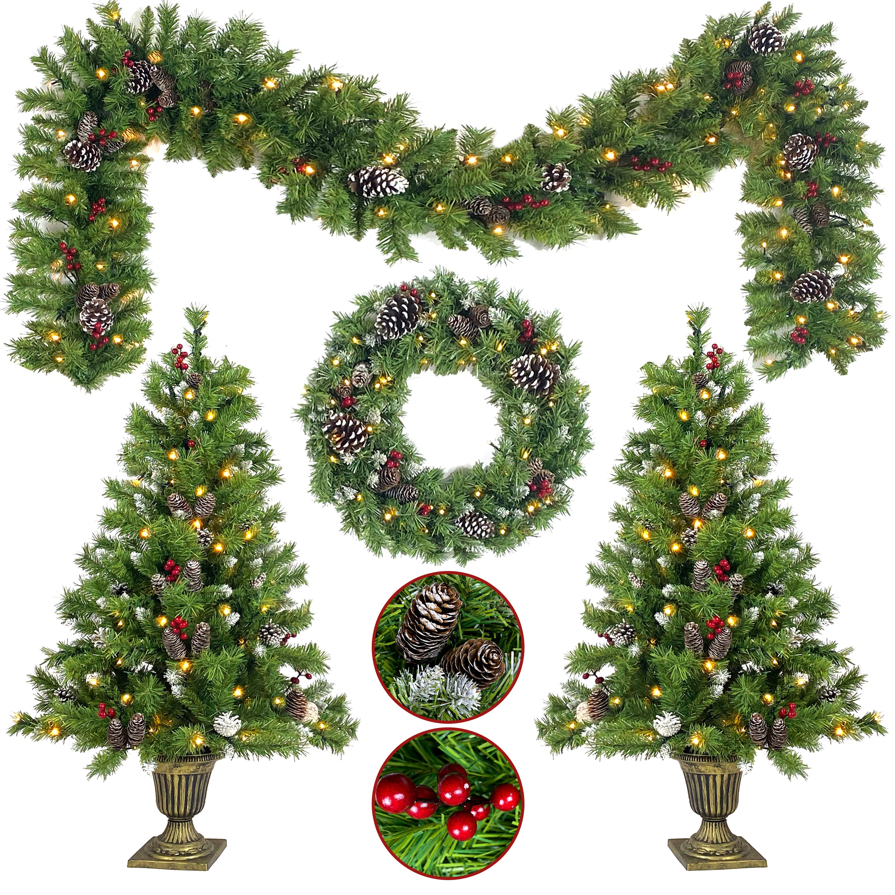 Pre-lit 4-Piece Artificial Christmas Tree Set with Garland &amp; Wreath, 9ft Tree, 340 Warm White LED Lights, Realistic PVC Branches for Indoor Home &amp; Office Holiday Decor
