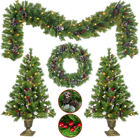Pre-lit 4-Piece Artificial Christmas Tree Set with Garland &amp; Wreath, 9ft Tree, 340 Warm White LED Lights, Realistic PVC Branches for Indoor Home &amp; Office Holiday Decor