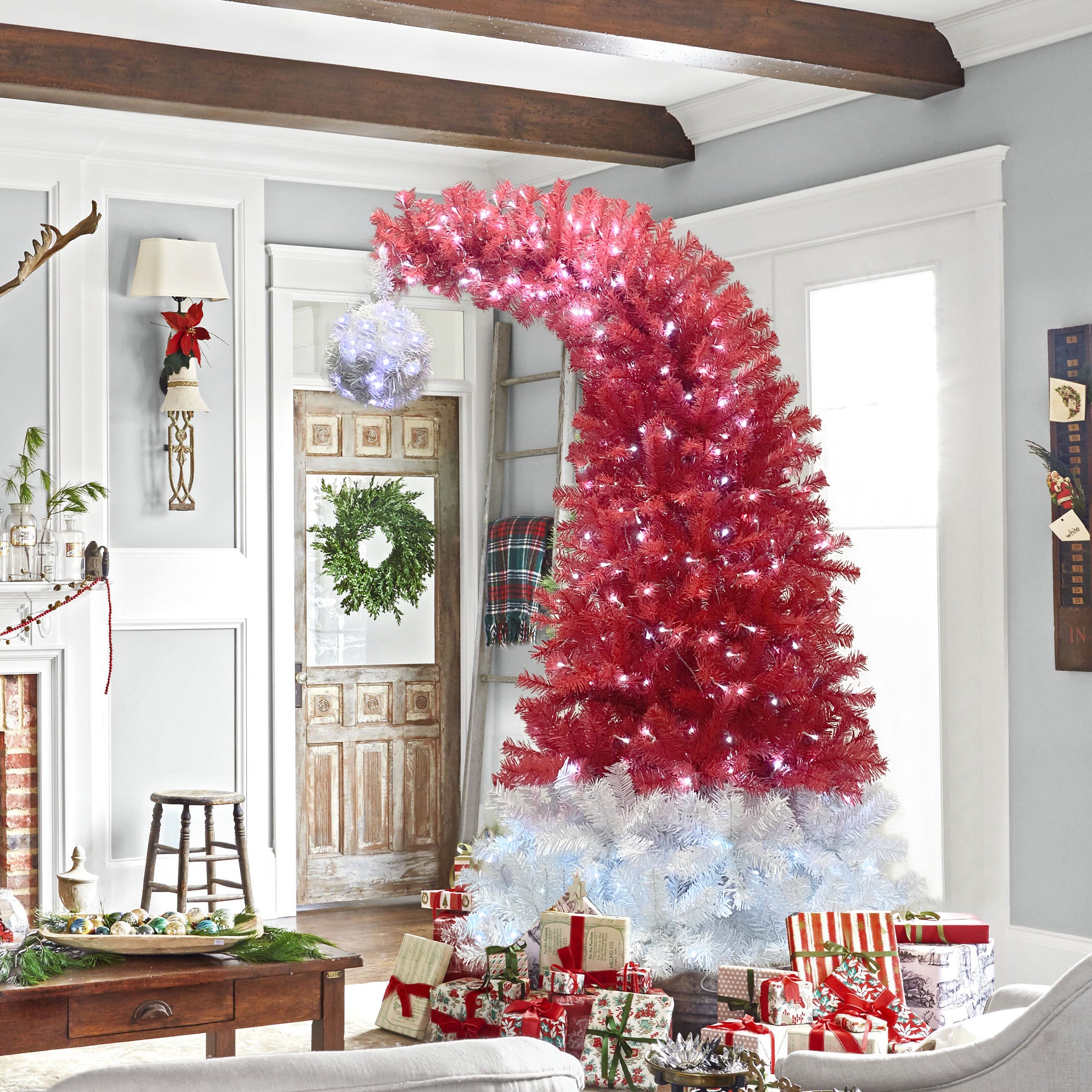 6FT Hinged Santa Hat Christmas Tree - 1250 Lush PVC Tips, 300 LED Lights, Fire-Resistant, Indoor Holiday Decor, Red/White