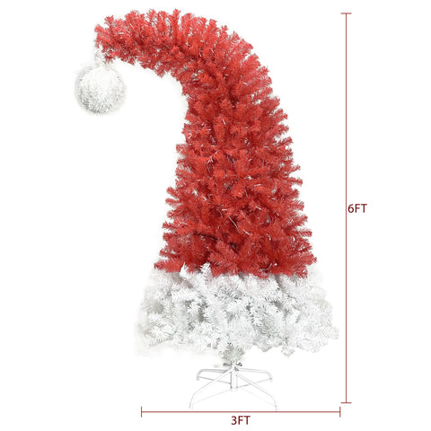 6FT Hinged Santa Hat Christmas Tree - 1250 Lush PVC Tips, 300 LED Lights, Fire-Resistant, Indoor Holiday Decor, Red/White