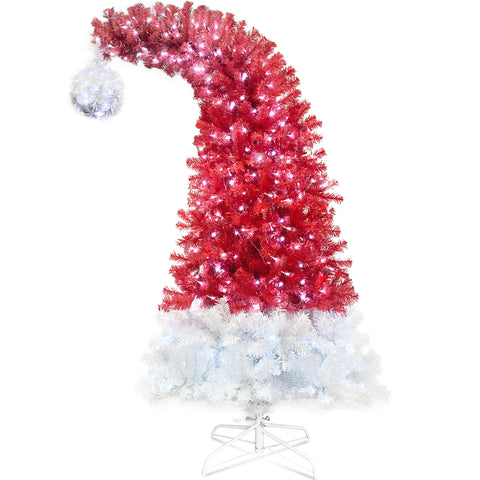 6FT Hinged Santa Hat Christmas Tree - 1250 Lush PVC Tips, 300 LED Lights, Fire-Resistant, Indoor Holiday Decor, Red/White