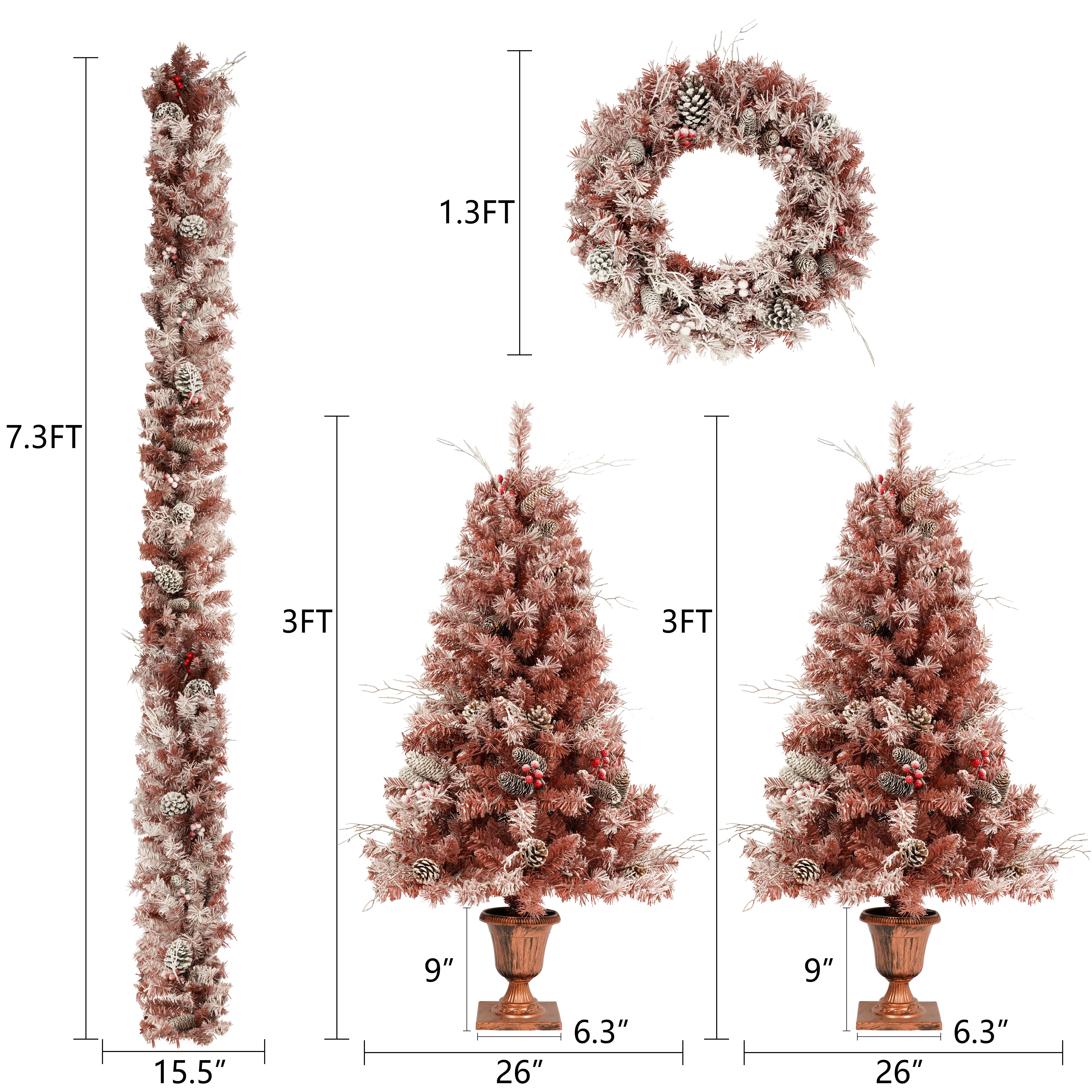GO 4-Piece Artificial Christmas Tree Set: Brown PVC Frosted Needles with Warm LED Lights, Pine Cones, Berries - Perfect for Door &amp; Fireplace Decor