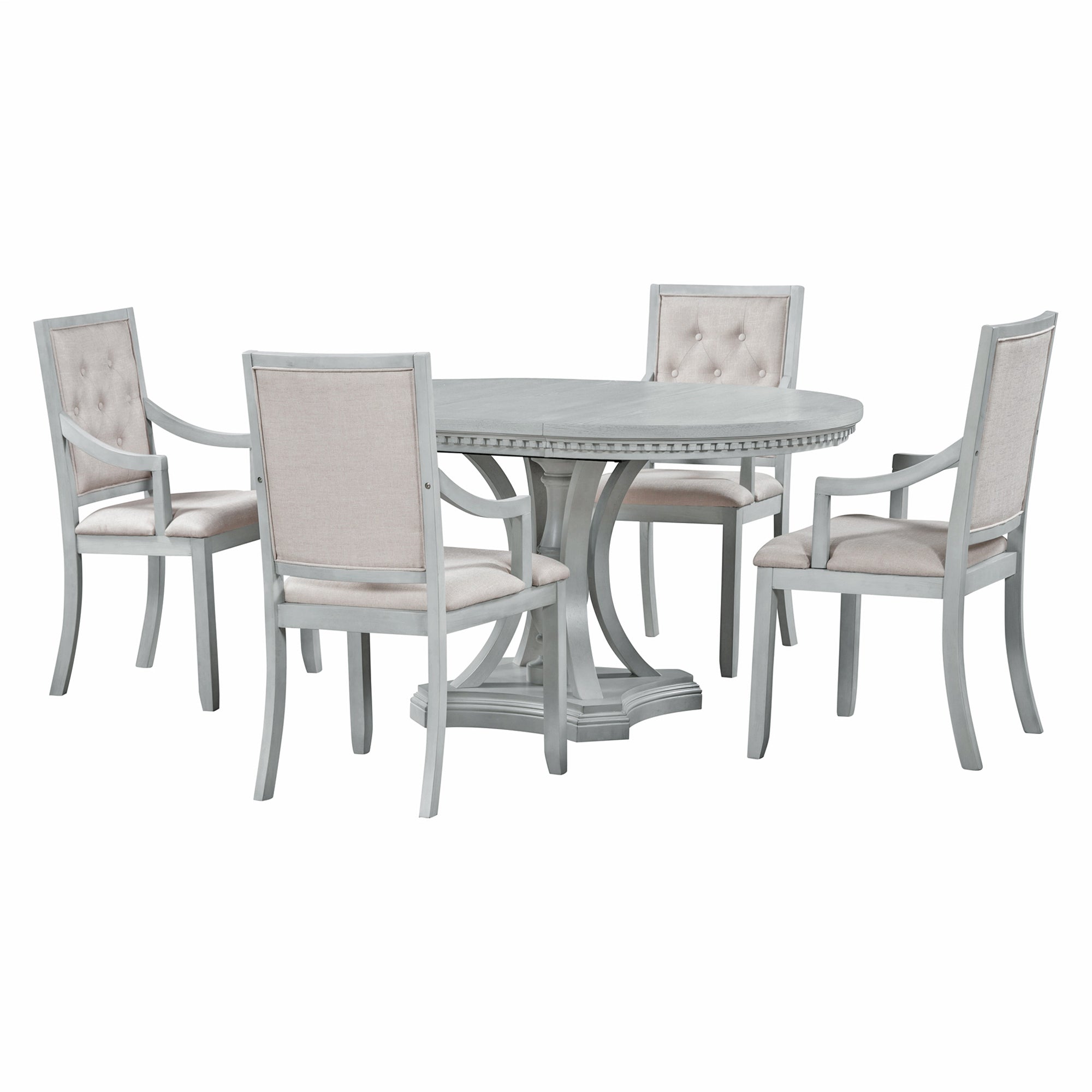 TREXM Extendable Round Dining Set for 4 | Retro 5-Piece Kitchen Table & Chairs | Antique Gray Oak Veneer MDF | 42"-58" Table | Farmhouse Style for Dining Room