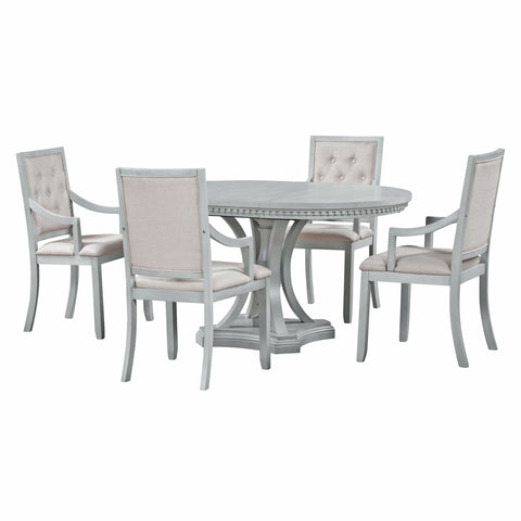 TREXM Extendable Round Dining Set for 4 | Retro 5-Piece Kitchen Table & Chairs | Antique Gray Oak Veneer MDF | 42"-58" Table | Farmhouse Style for Dining Room