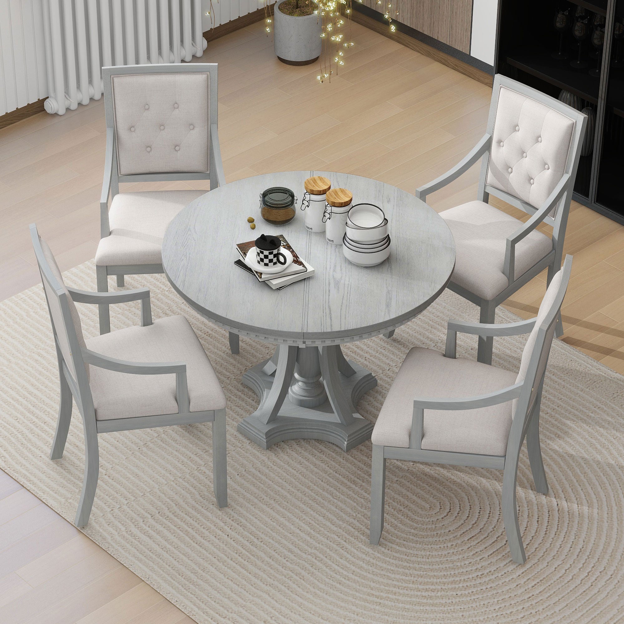 TREXM Extendable Round Dining Set for 4 | Retro 5-Piece Kitchen Table & Chairs | Antique Gray Oak Veneer MDF | 42"-58" Table | Farmhouse Style for Dining Room