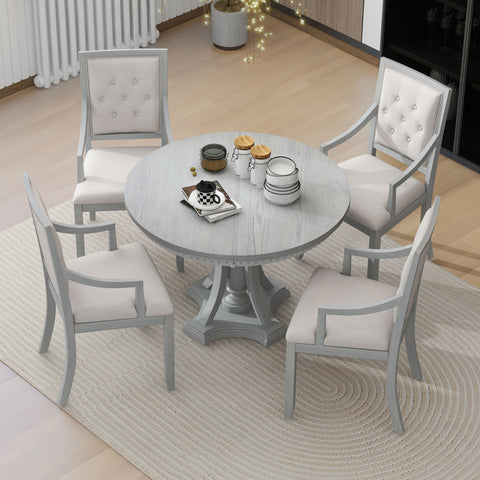 TREXM Extendable Round Dining Set for 4 | Retro 5-Piece Kitchen Table & Chairs | Antique Gray Oak Veneer MDF | 42"-58" Table | Farmhouse Style for Dining Room