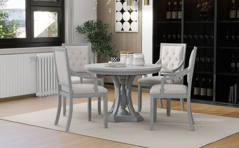 TREXM Extendable Round Dining Set for 4 | Retro 5-Piece Kitchen Table & Chairs | Antique Gray Oak Veneer MDF | 42"-58" Table | Farmhouse Style for Dining Room