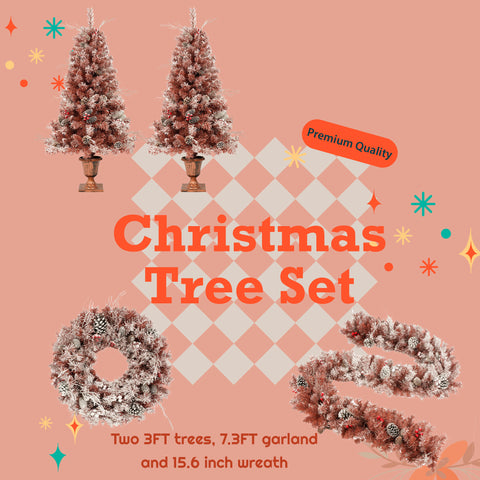 GO 4-Piece Artificial Christmas Tree Set: Brown PVC Frosted Needles with Warm LED Lights, Pine Cones, Berries - Perfect for Door &amp; Fireplace Decor