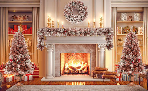 GO 4-Piece Artificial Christmas Tree Set: Brown PVC Frosted Needles with Warm LED Lights, Pine Cones, Berries - Perfect for Door &amp; Fireplace Decor