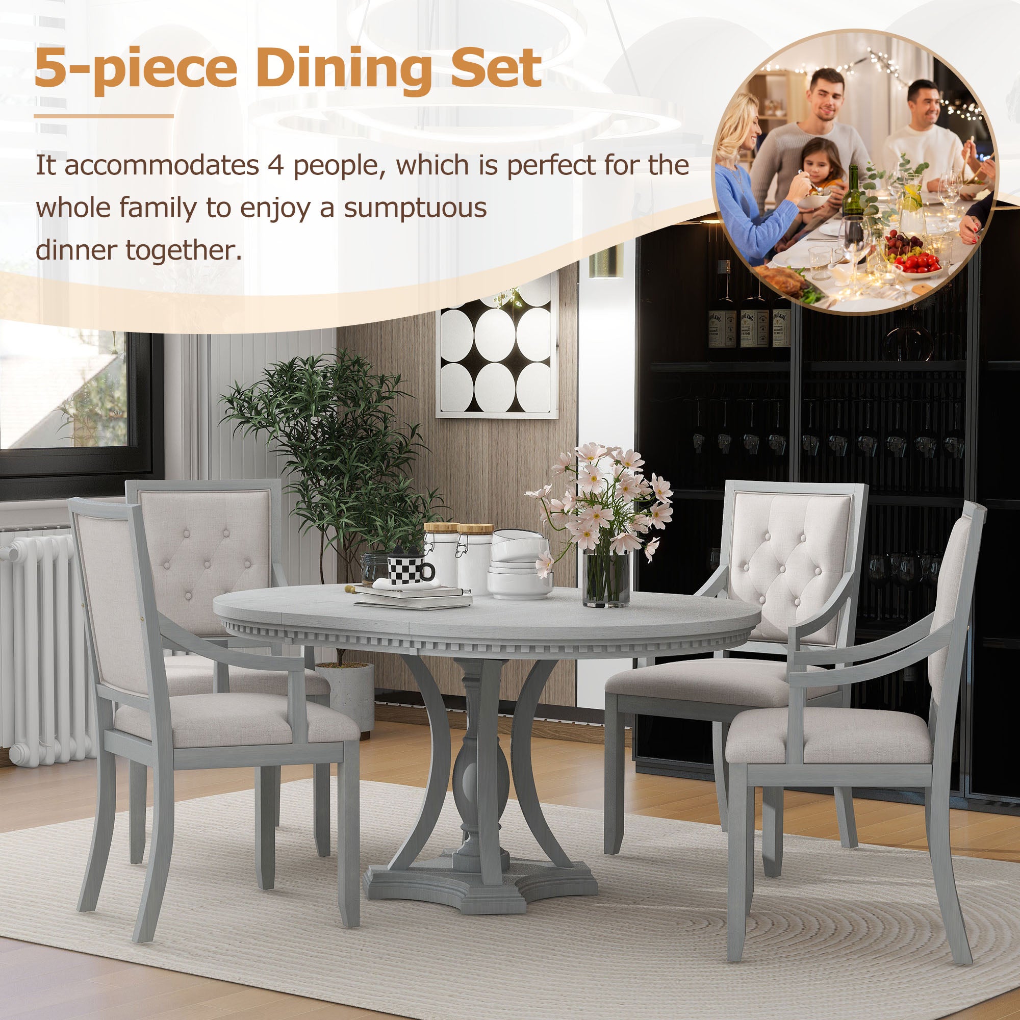 TREXM Extendable Round Dining Set for 4 | Retro 5-Piece Kitchen Table & Chairs | Antique Gray Oak Veneer MDF | 42"-58" Table | Farmhouse Style for Dining Room