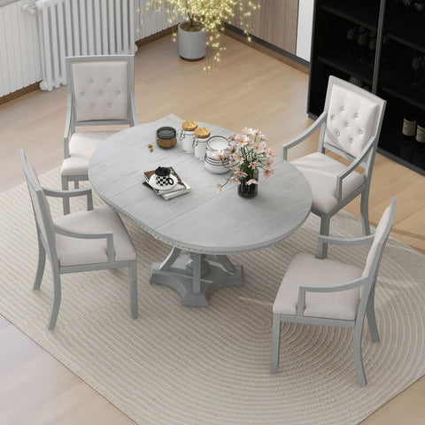 TREXM Extendable Round Dining Set for 4 | Retro 5-Piece Kitchen Table & Chairs | Antique Gray Oak Veneer MDF | 42"-58" Table | Farmhouse Style for Dining Room