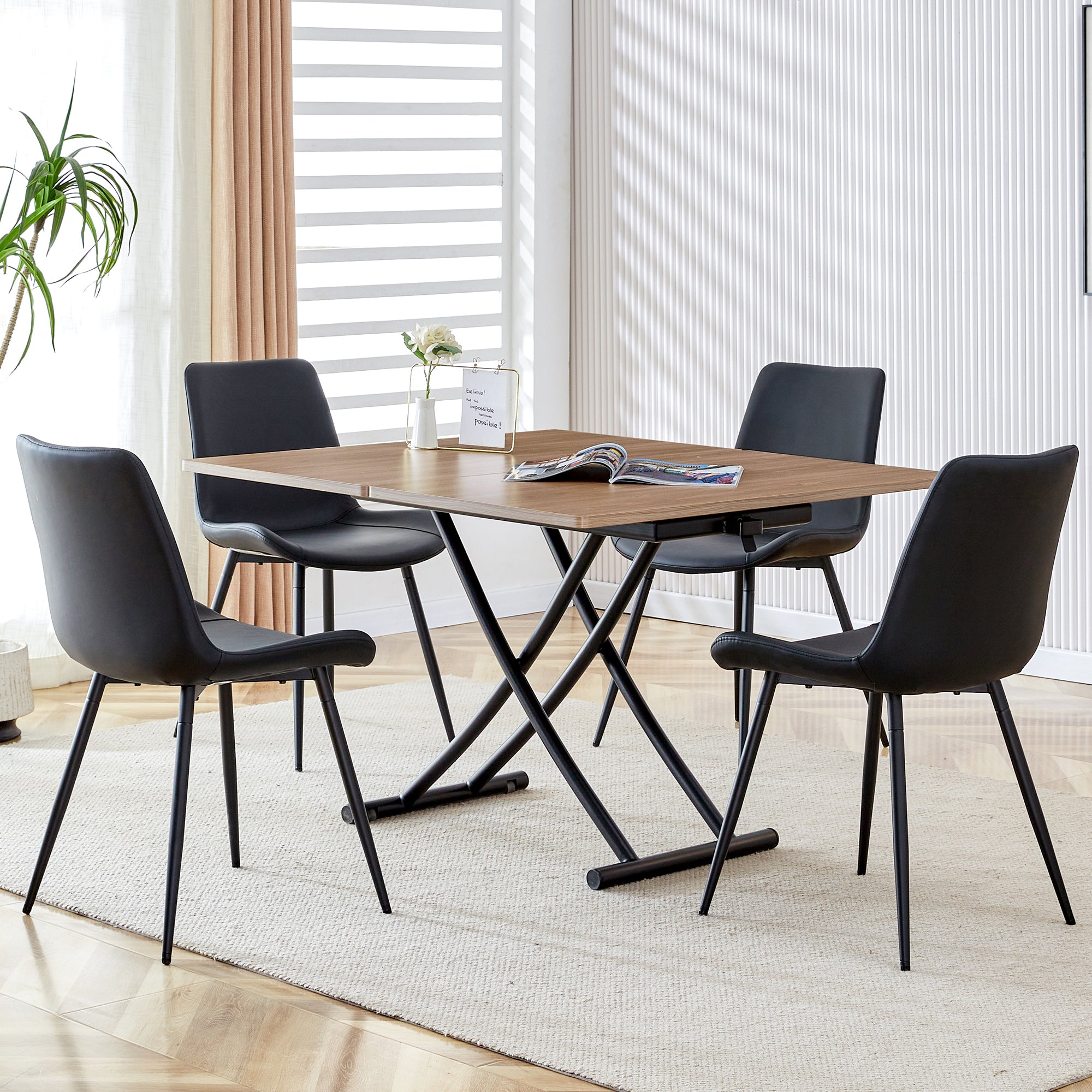 Modern Minimalist Lift-Top Coffee Table & 4 Upholstered Dining Chairs Set, Wood Grain Craft Sticker Desktop, Black Metal Legs, Adjustable Height Dining/Office/Dressing Table, Space-Saving Design, Natural Wood Wash