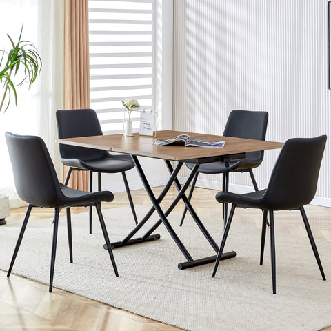 Modern Minimalist Lift-Top Coffee Table & 4 Upholstered Dining Chairs Set, Wood Grain Craft Sticker Desktop, Black Metal Legs, Adjustable Height Dining/Office/Dressing Table, Space-Saving Design, Natural Wood Wash
