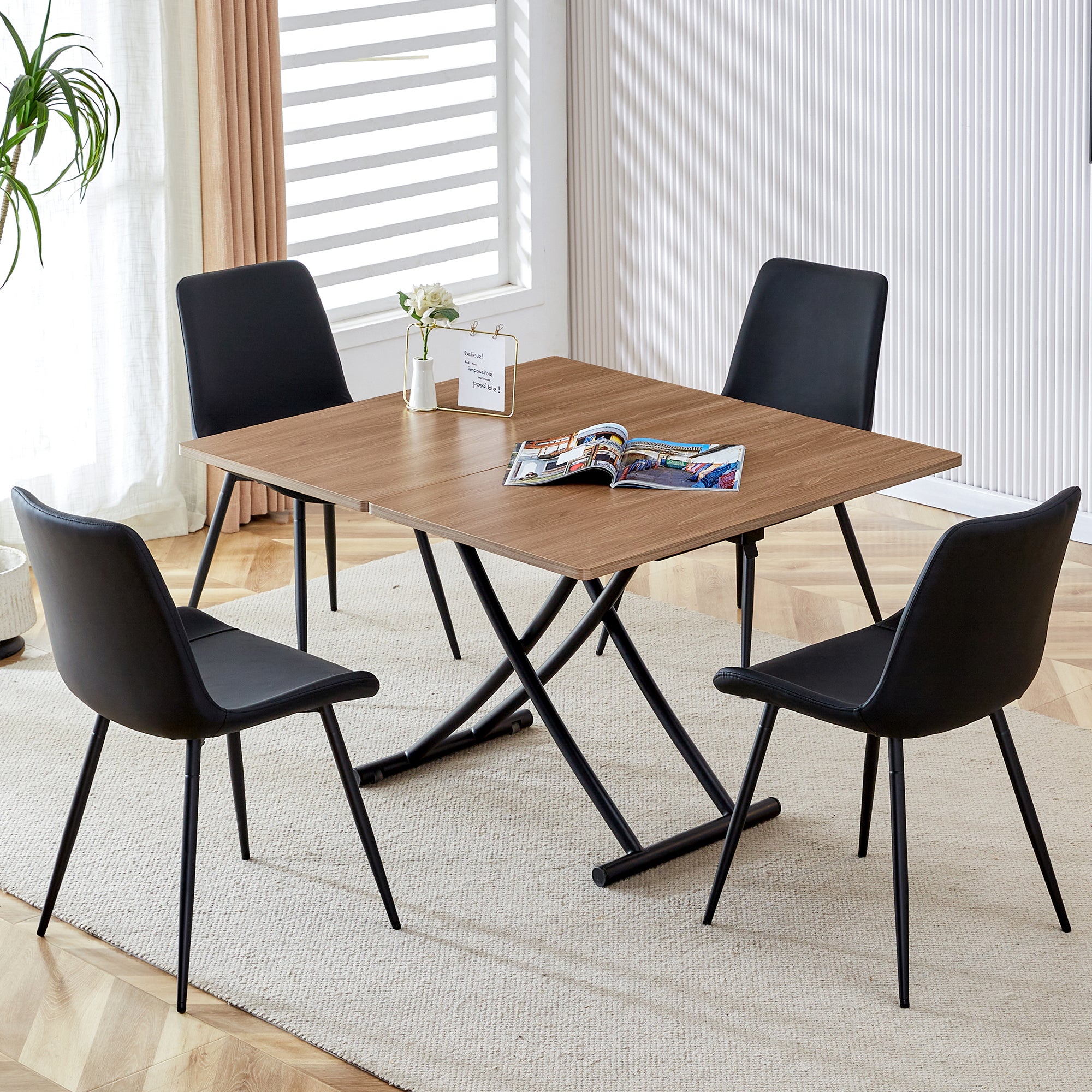 Modern Minimalist Lift-Top Coffee Table & 4 Upholstered Dining Chairs Set, Wood Grain Craft Sticker Desktop, Black Metal Legs, Adjustable Height Dining/Office/Dressing Table, Space-Saving Design, Natural Wood Wash