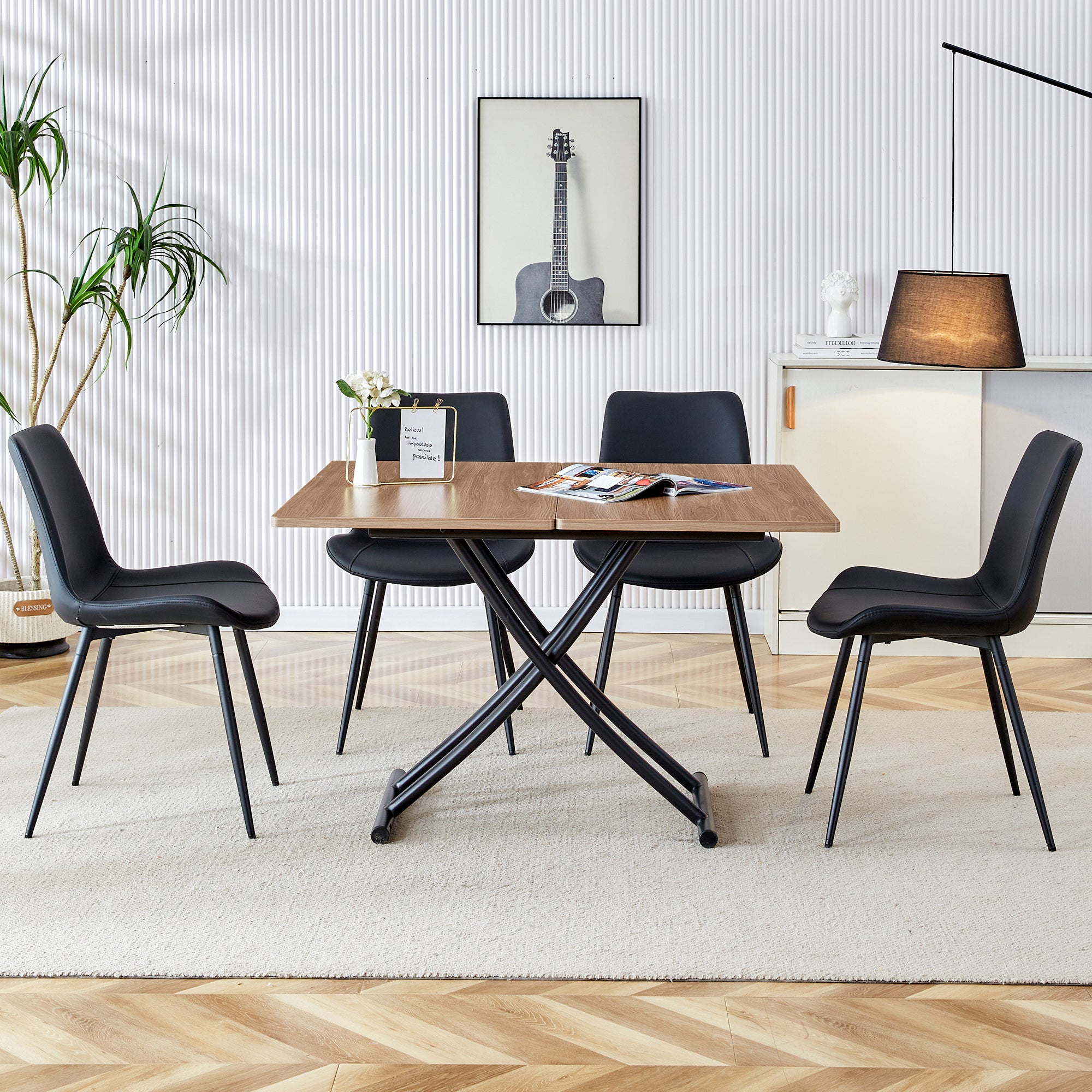 Modern Minimalist Lift-Top Coffee Table & 4 Upholstered Dining Chairs Set, Wood Grain Craft Sticker Desktop, Black Metal Legs, Adjustable Height Dining/Office/Dressing Table, Space-Saving Design, Natural Wood Wash