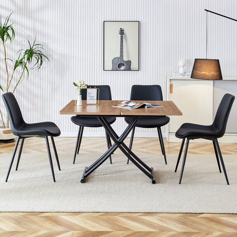 Modern Minimalist Lift-Top Coffee Table & 4 Upholstered Dining Chairs Set, Wood Grain Craft Sticker Desktop, Black Metal Legs, Adjustable Height Dining/Office/Dressing Table, Space-Saving Design, Natural Wood Wash