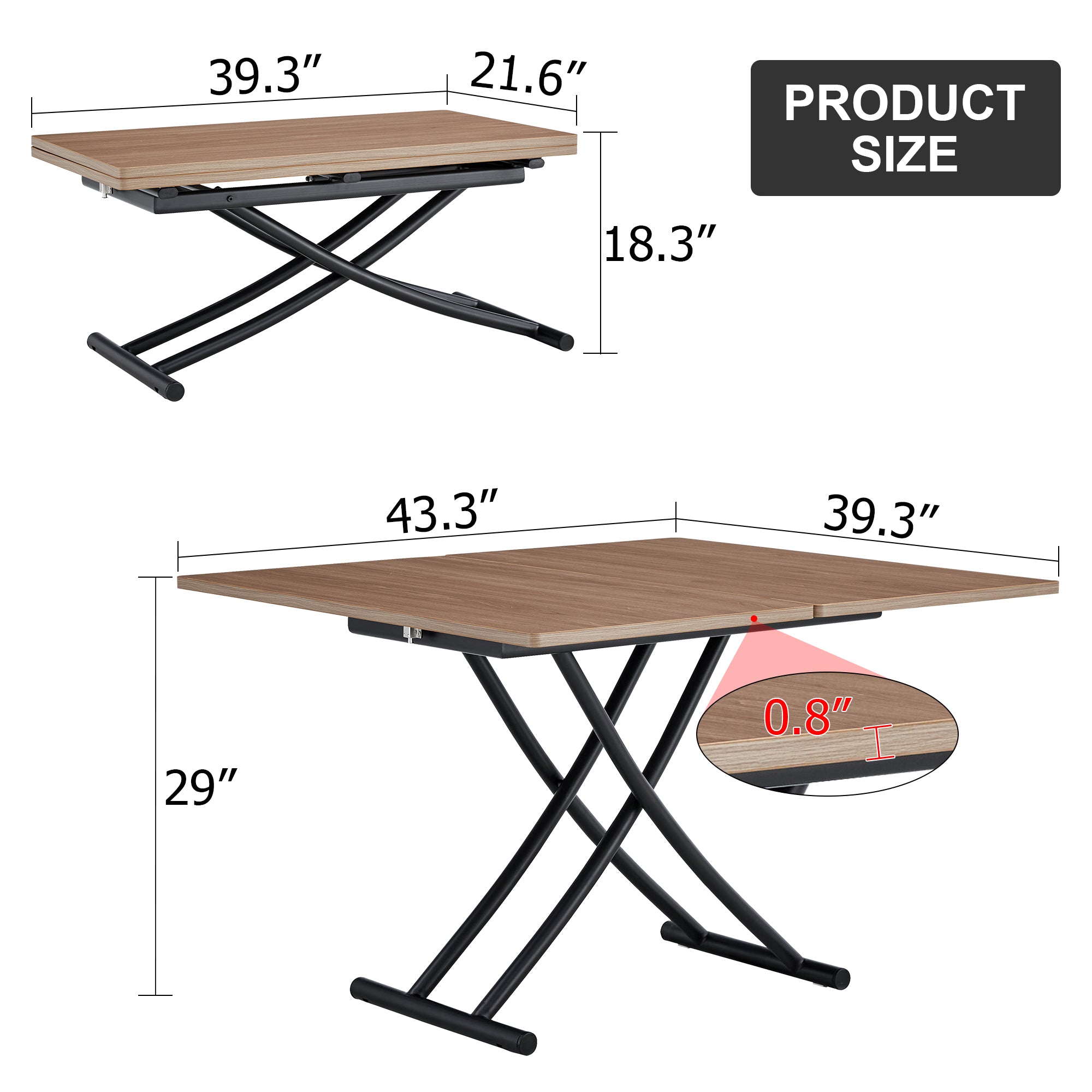 Modern Minimalist Lift-Top Coffee Table & 4 Upholstered Dining Chairs Set, Wood Grain Craft Sticker Desktop, Black Metal Legs, Adjustable Height Dining/Office/Dressing Table, Space-Saving Design, Natural Wood Wash