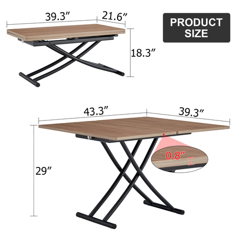 Modern Minimalist Lift-Top Coffee Table & 4 Upholstered Dining Chairs Set, Wood Grain Craft Sticker Desktop, Black Metal Legs, Adjustable Height Dining/Office/Dressing Table, Space-Saving Design, Natural Wood Wash