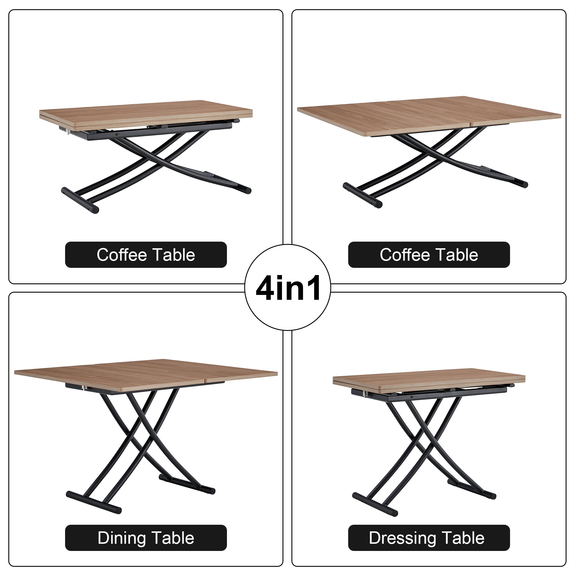 Modern Minimalist Lift-Top Coffee Table & 4 Upholstered Dining Chairs Set, Wood Grain Craft Sticker Desktop, Black Metal Legs, Adjustable Height Dining/Office/Dressing Table, Space-Saving Design, Natural Wood Wash