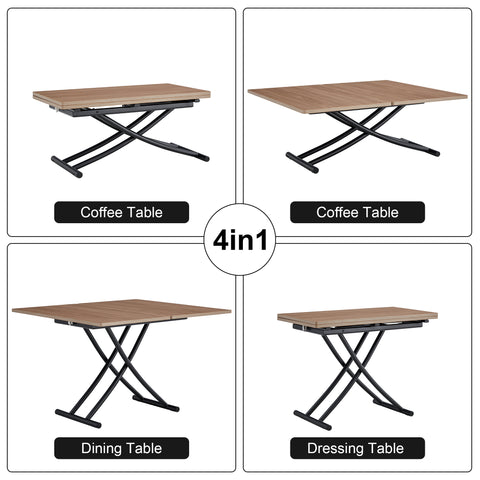 Modern Minimalist Lift-Top Coffee Table & 4 Upholstered Dining Chairs Set, Wood Grain Craft Sticker Desktop, Black Metal Legs, Adjustable Height Dining/Office/Dressing Table, Space-Saving Design, Natural Wood Wash
