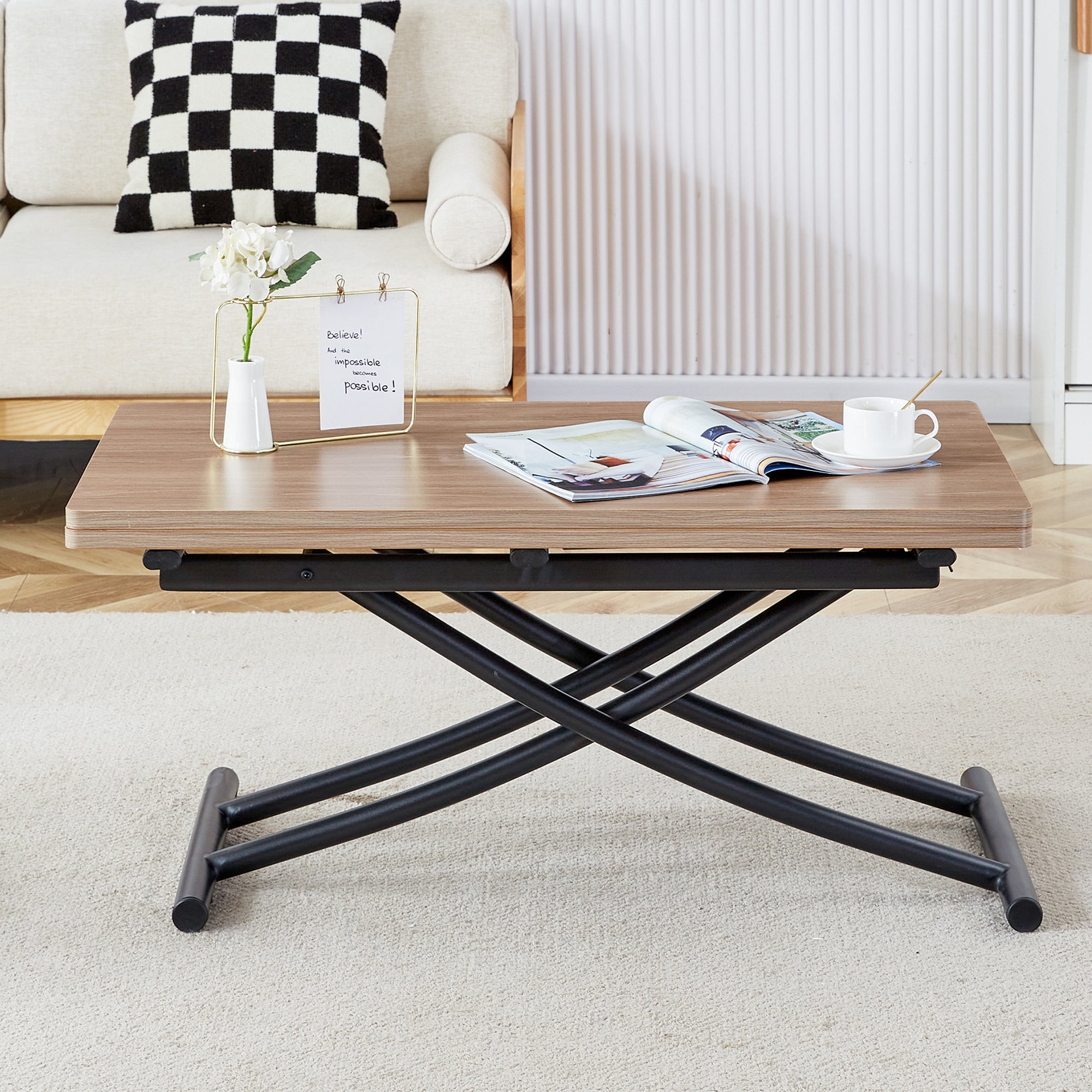 Modern Minimalist Lift-Top Coffee Table & 4 Upholstered Dining Chairs Set, Wood Grain Craft Sticker Desktop, Black Metal Legs, Adjustable Height Dining/Office/Dressing Table, Space-Saving Design, Natural Wood Wash