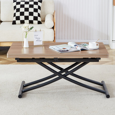 Modern Minimalist Lift-Top Coffee Table & 4 Upholstered Dining Chairs Set, Wood Grain Craft Sticker Desktop, Black Metal Legs, Adjustable Height Dining/Office/Dressing Table, Space-Saving Design, Natural Wood Wash