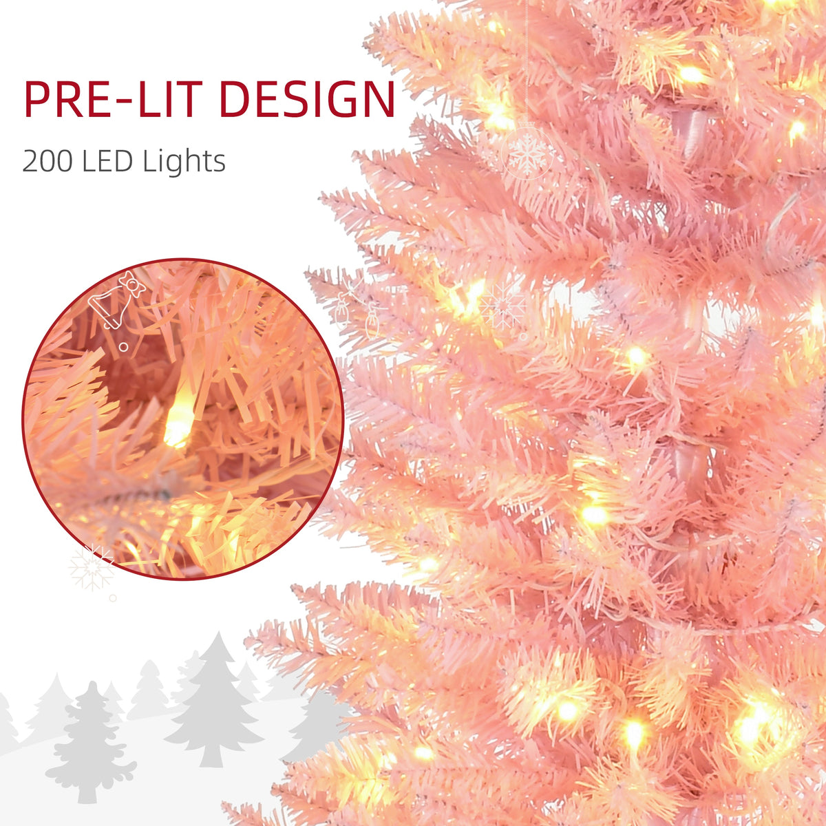 HOMCOM 7ft Slim Pink Noble Fir Artificial Christmas Tree | 200 Warm White LEDs, 499 Tips | Flame Retardant, Space-Saving Pencil Shape | Perfect for Indoor Holiday Decor