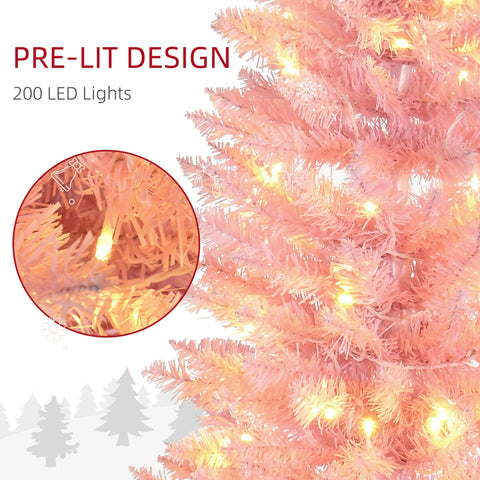 HOMCOM 7ft Slim Pink Noble Fir Artificial Christmas Tree | 200 Warm White LEDs, 499 Tips | Flame Retardant, Space-Saving Pencil Shape | Perfect for Indoor Holiday Decor