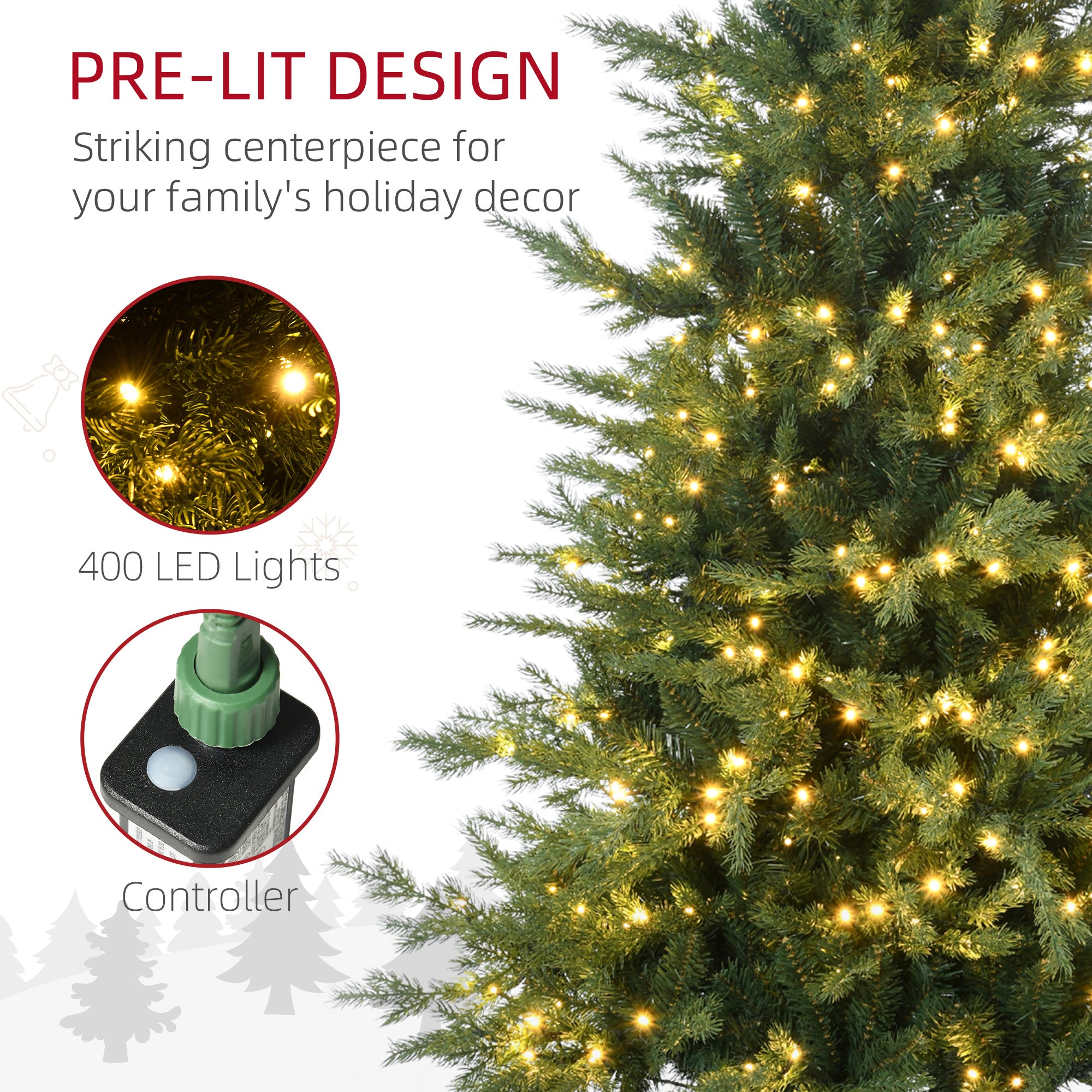 HOMCOM 6ft Prelit Artificial Christmas Tree | 2328 Branches, 400 Warm White LEDs | Auto Open, 8 Modes | Flame Retardant Plastic Green Tree for Holiday Home Decor