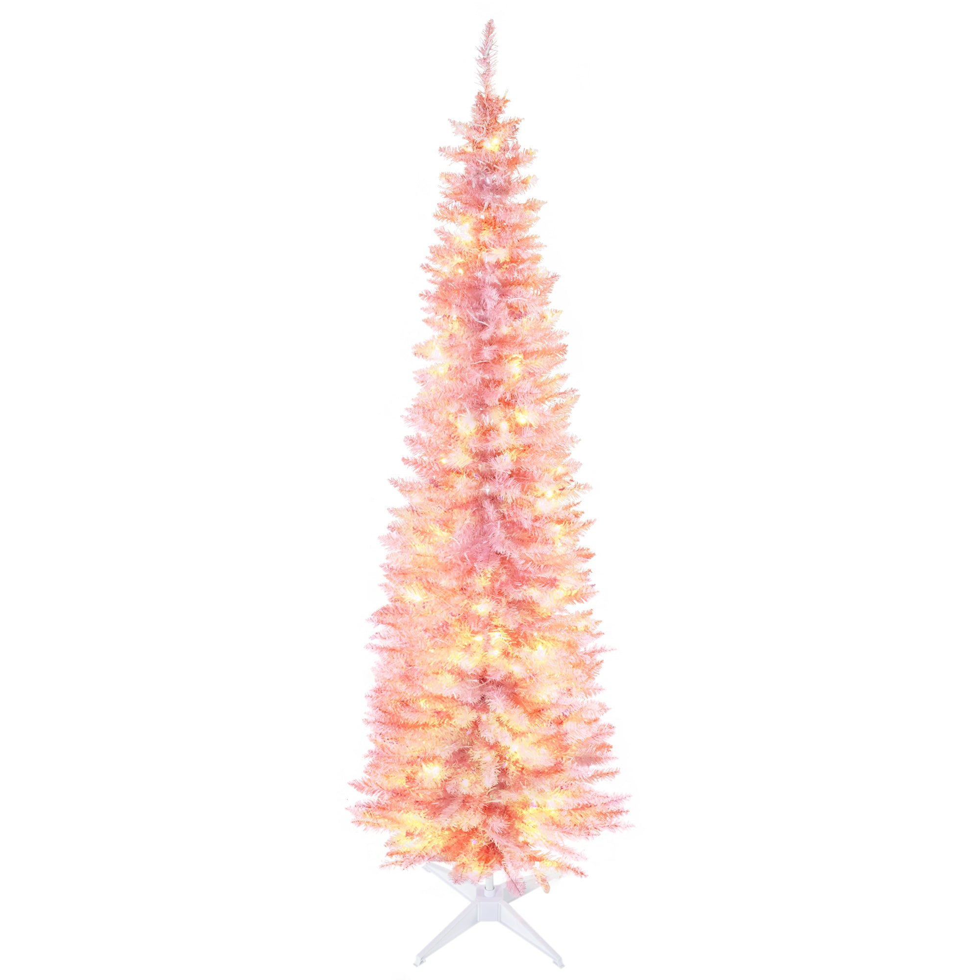 HOMCOM 7ft Slim Pink Noble Fir Artificial Christmas Tree | 200 Warm White LEDs, 499 Tips | Flame Retardant, Space-Saving Pencil Shape | Perfect for Indoor Holiday Decor