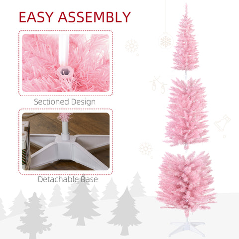 HOMCOM 7ft Slim Pink Noble Fir Artificial Christmas Tree | 200 Warm White LEDs, 499 Tips | Flame Retardant, Space-Saving Pencil Shape | Perfect for Indoor Holiday Decor