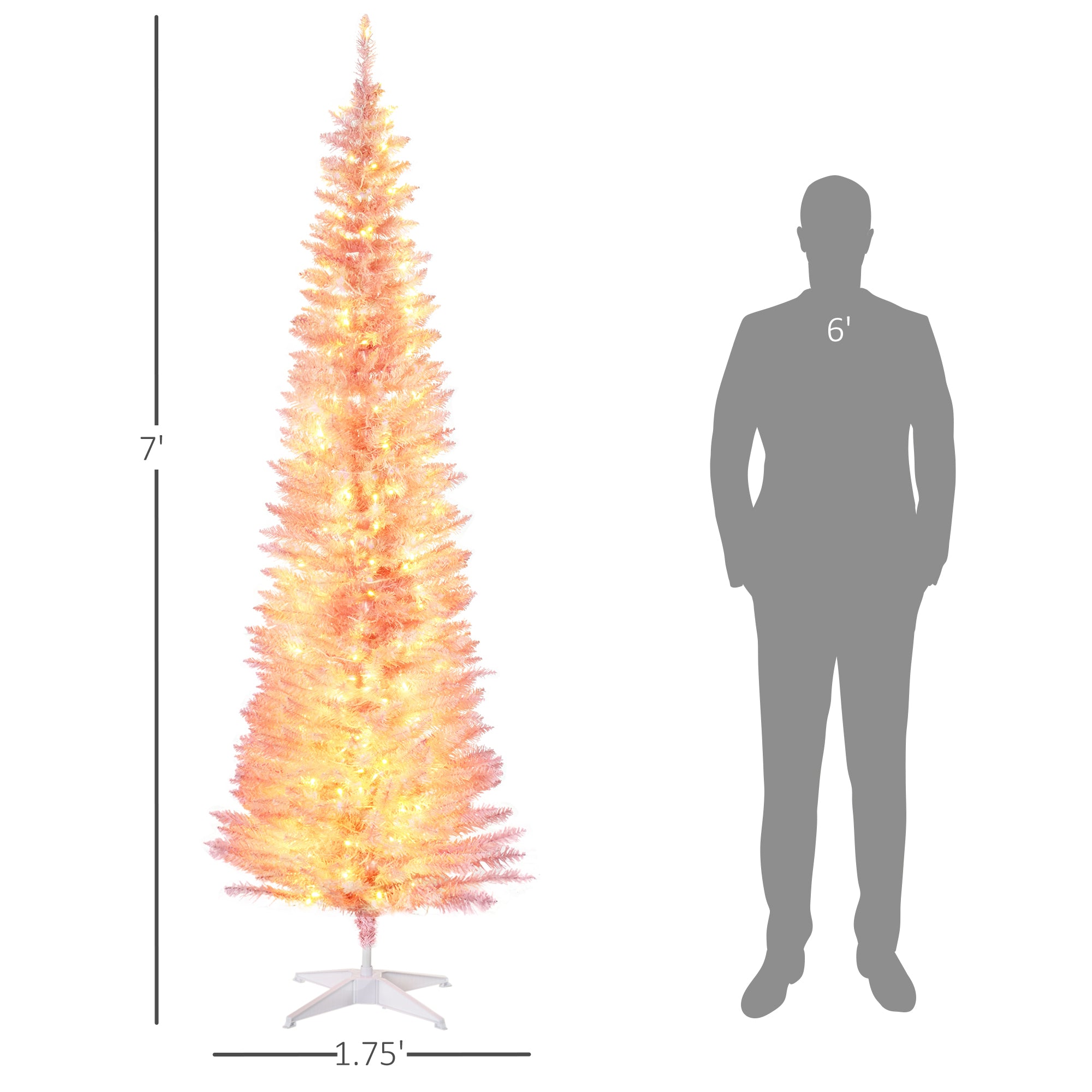 HOMCOM 7ft Slim Pink Noble Fir Artificial Christmas Tree | 200 Warm White LEDs, 499 Tips | Flame Retardant, Space-Saving Pencil Shape | Perfect for Indoor Holiday Decor