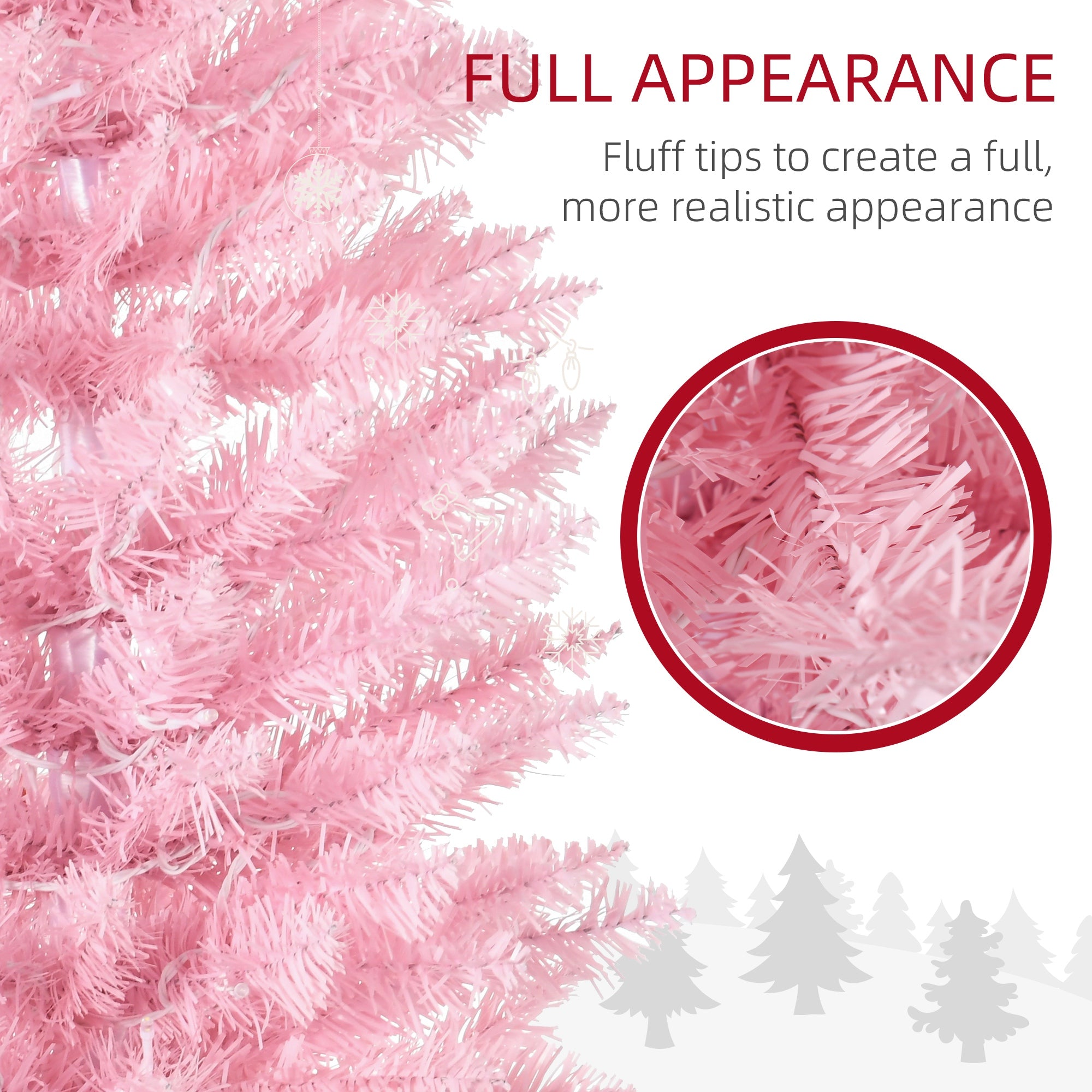 HOMCOM 7ft Slim Pink Noble Fir Artificial Christmas Tree | 200 Warm White LEDs, 499 Tips | Flame Retardant, Space-Saving Pencil Shape | Perfect for Indoor Holiday Decor