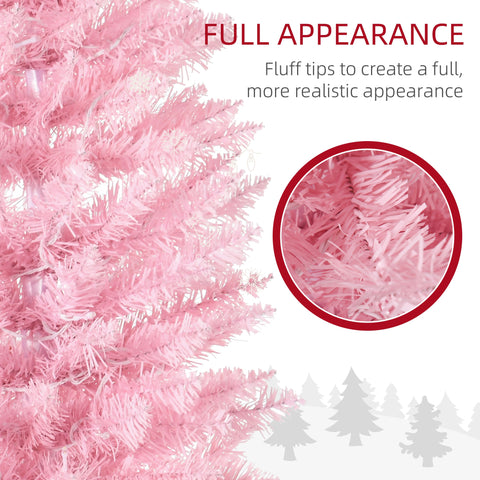 HOMCOM 7ft Slim Pink Noble Fir Artificial Christmas Tree | 200 Warm White LEDs, 499 Tips | Flame Retardant, Space-Saving Pencil Shape | Perfect for Indoor Holiday Decor